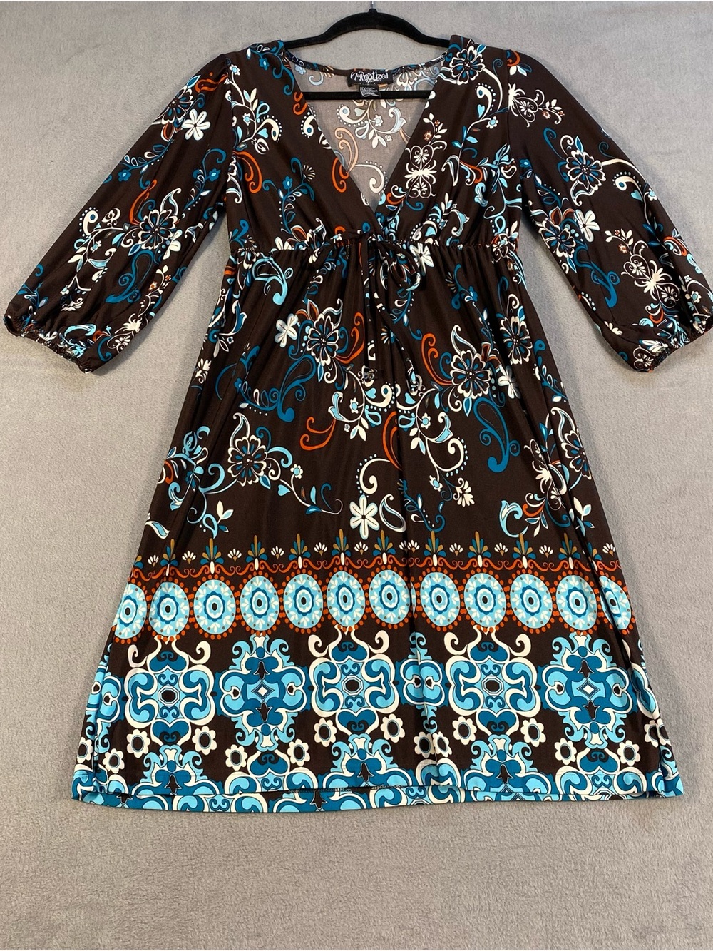 Hypnotized women’s brown & turquoise floral 3/4 sleeves jersey knit dress,size L